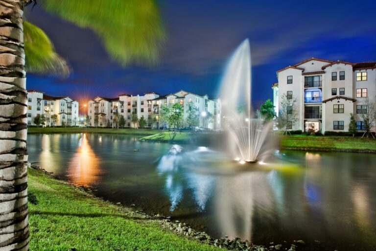 Large lake and fountain at The Point at Lakeside