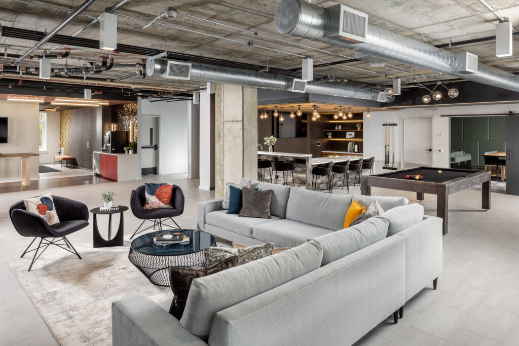 Community room at The Point at Waltham